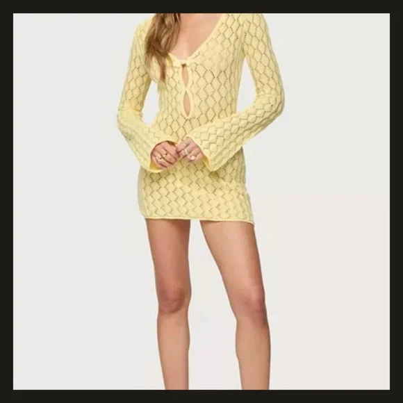 Edikted Brie Yellow Crochet Cut-Out Mini Dress XS NWT Festival Beach Cover Up - Picture 1 of 12